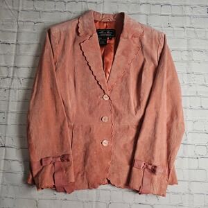 Terry Lewis Suede Leather Scalloped Blazer Jacket‎ Coral Pink Bow Cuffs Medium